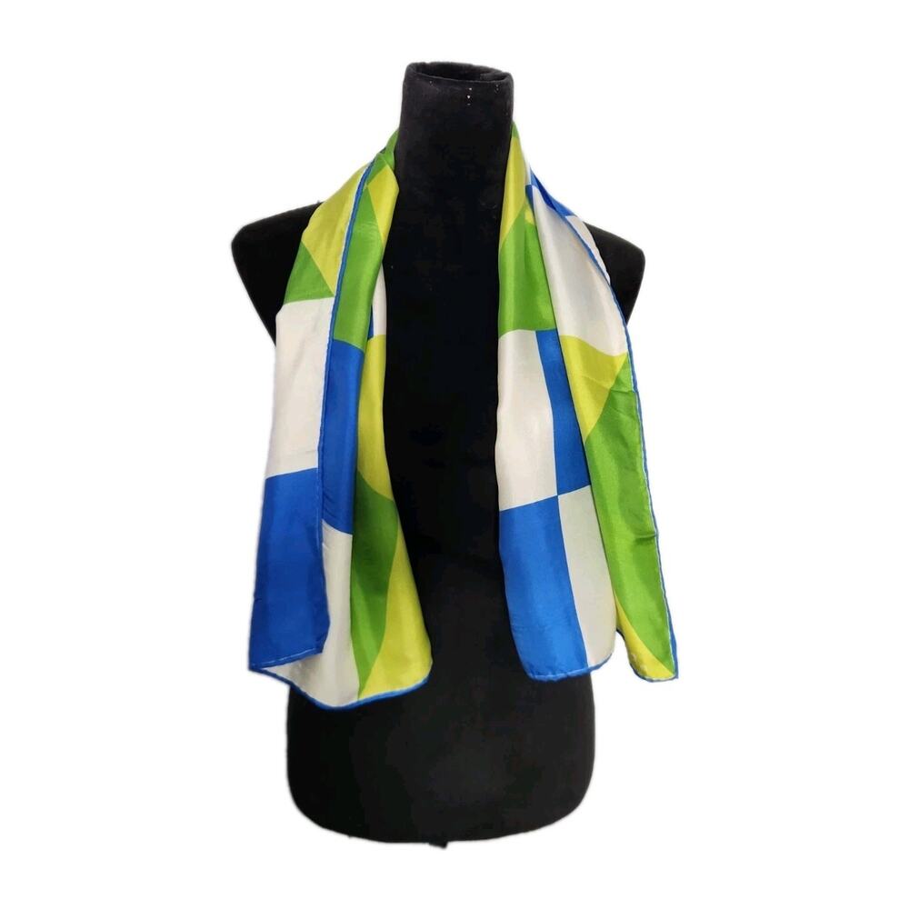 Ugna Japanese Hand Roll Multicolor Geometric Rectangke Silk Scarf 44 x 15.5 In